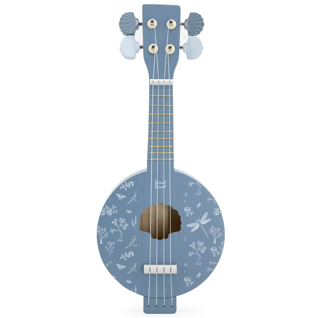 Label Label: Wooden Banjo - Blue - Musical Instrument Toy, 4 High-Quality Strings, Tuning Pegs, Classic Sound, Seashell & Nature Design, Kids Ages 3+